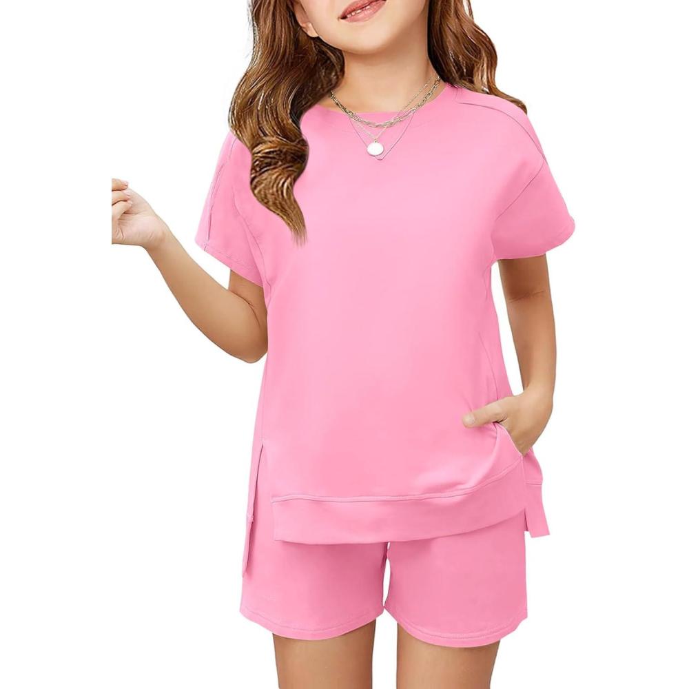 imageHaloumoning Girls 2 Piece Summer Outfits Kids Short Sleeve TShirts and Elastic Waist Shorts Clothing SetsPink