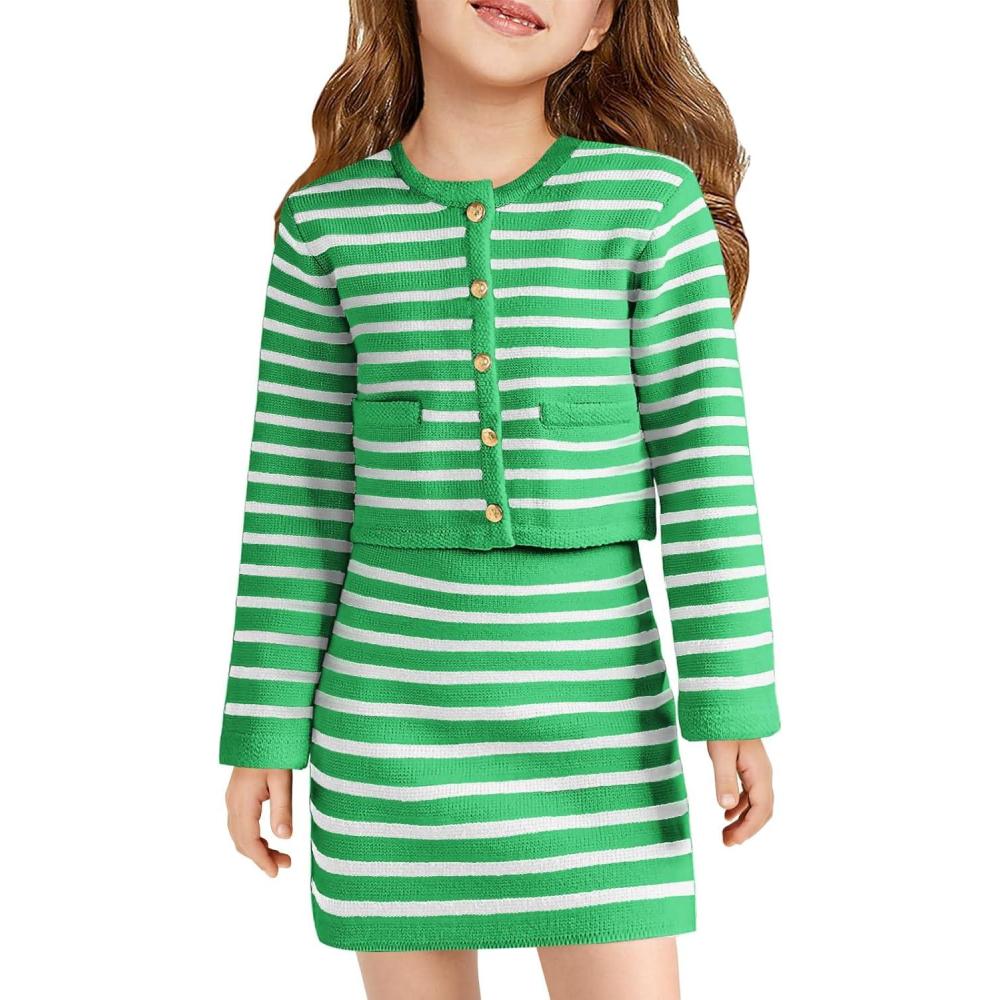 imageHaloumoning Girls Fall 2 Piece Outfits Striped Button Down Cardigan and Skirt Sets with Pockets 514 YearsGreen