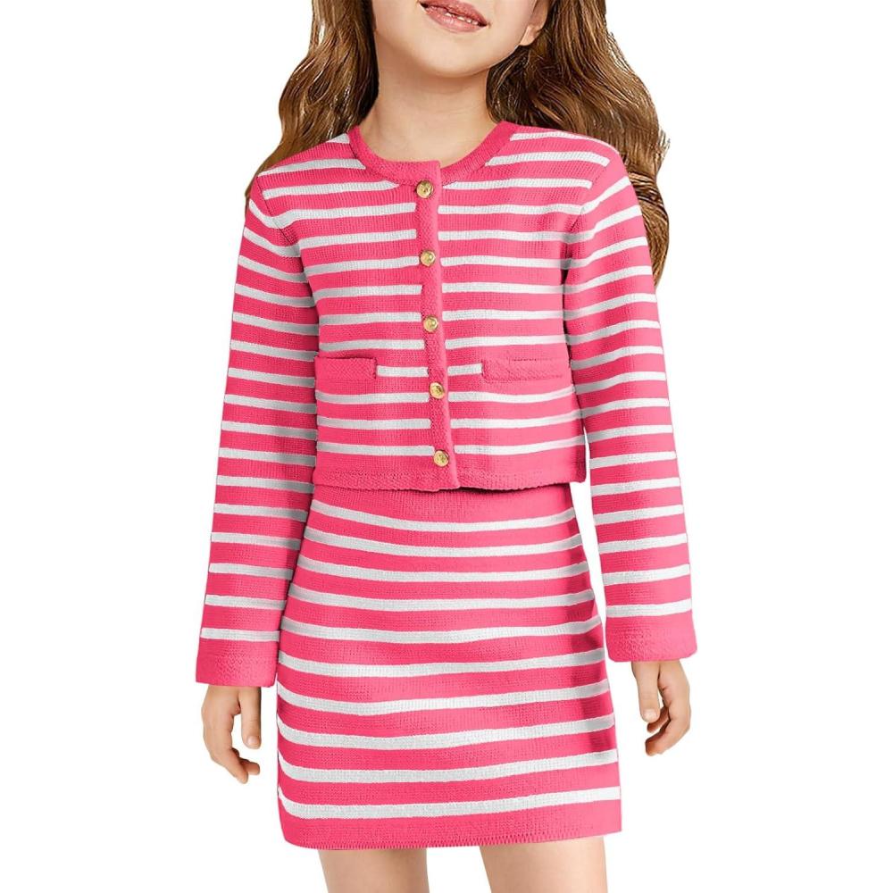 imageHaloumoning Girls Fall 2 Piece Outfits Striped Button Down Cardigan and Skirt Sets with Pockets 514 YearsRose Red
