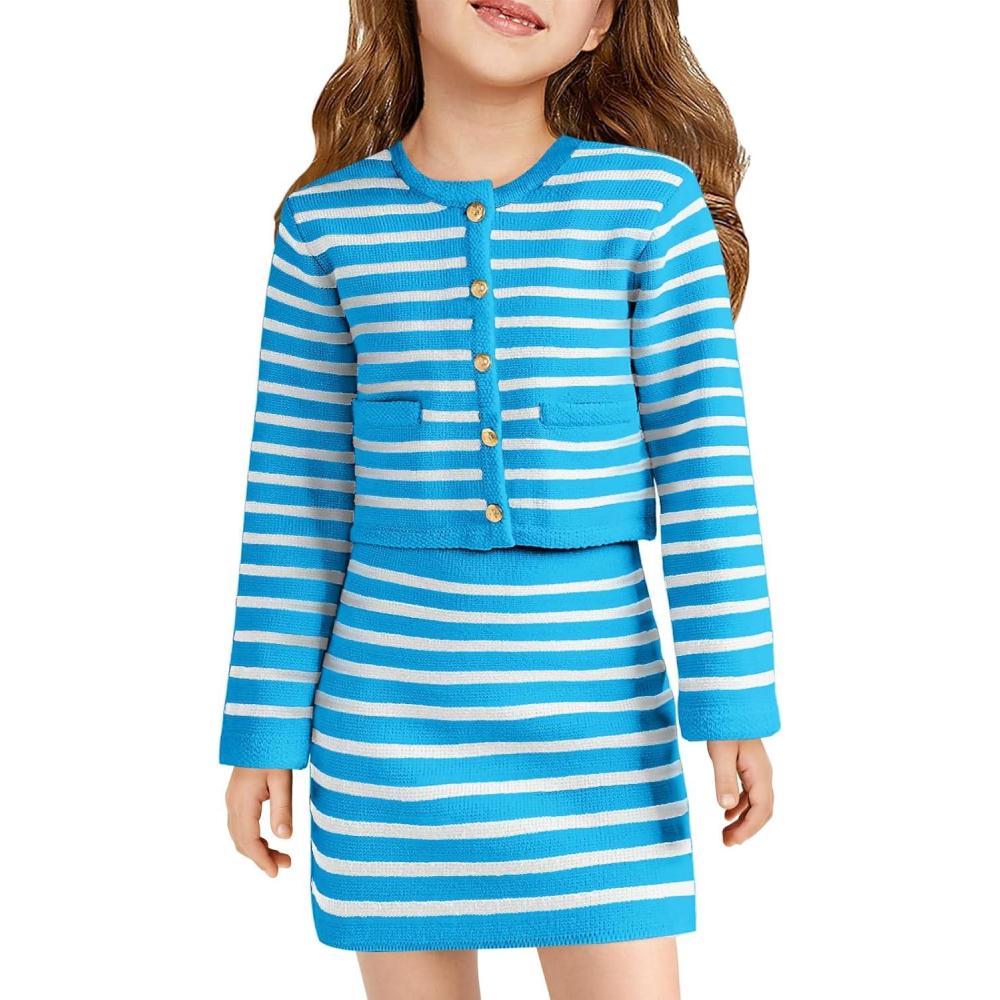 imageHaloumoning Girls Fall 2 Piece Outfits Striped Button Down Cardigan and Skirt Sets with Pockets 514 YearsRoyal Blue
