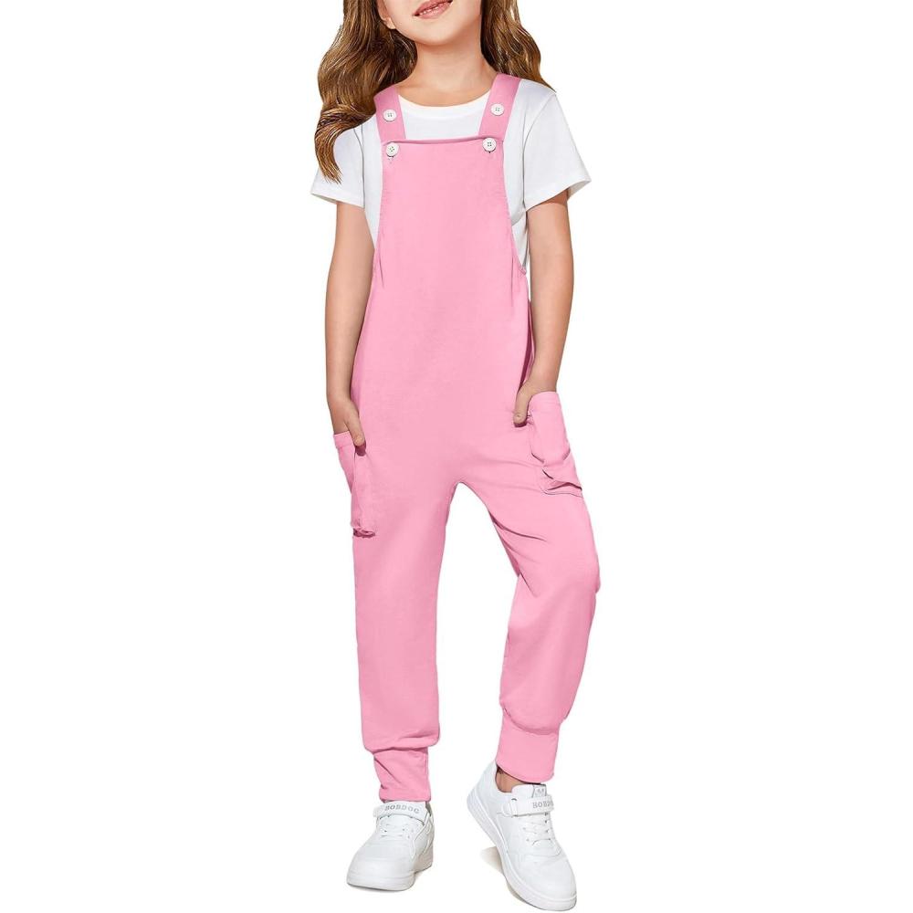 imageHaloumoning Girls Overalls Kids Casual Sleeveless Jumpsuits Harem Pants Rompers with Pockets 514 YearsBright Pink