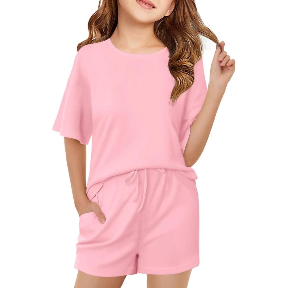 imageHaloumoning Girls Summer 2 Piece Outfits Kids Oversized T Shirts and Shorts Clothing Sets 514 YearsPink