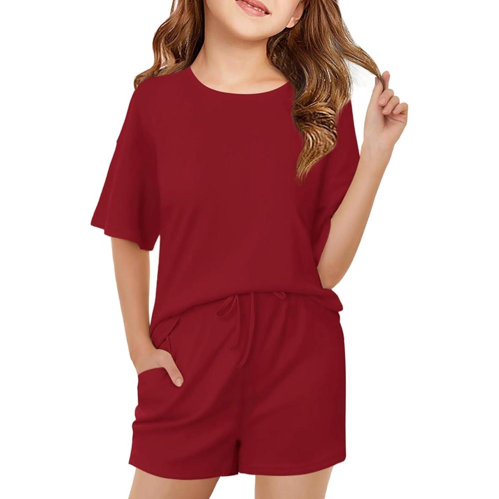 imageHaloumoning Girls Summer 2 Piece Outfits Kids Oversized T Shirts and Shorts Clothing Sets 514 YearsRed