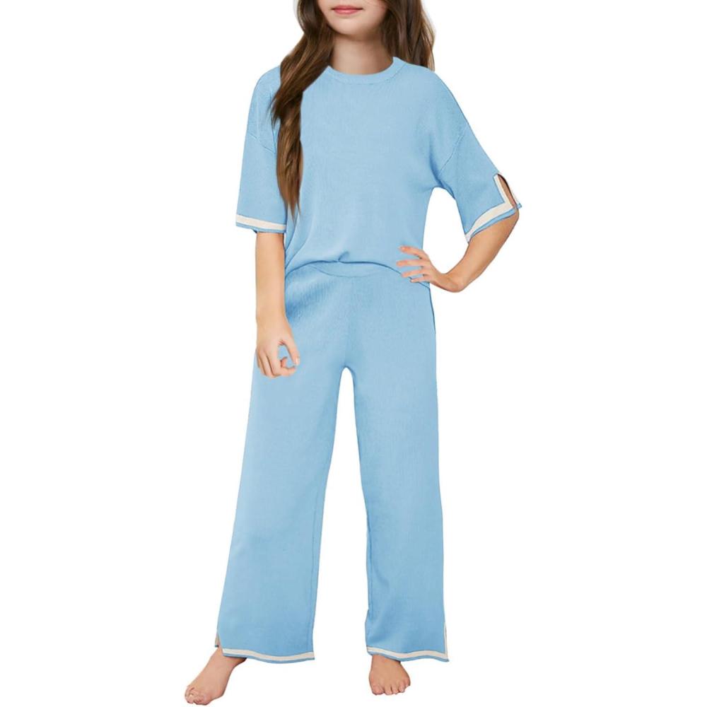 imageHaloumoning Girls Two Piece Outfits Kids Fashion Short Sleeve Sweater Tops and Wide Leg Pants Set 514 YearsBlue
