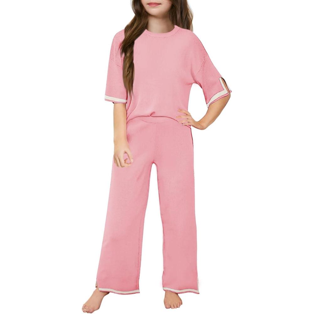 imageHaloumoning Girls Two Piece Outfits Kids Fashion Short Sleeve Sweater Tops and Wide Leg Pants Set 514 YearsPink
