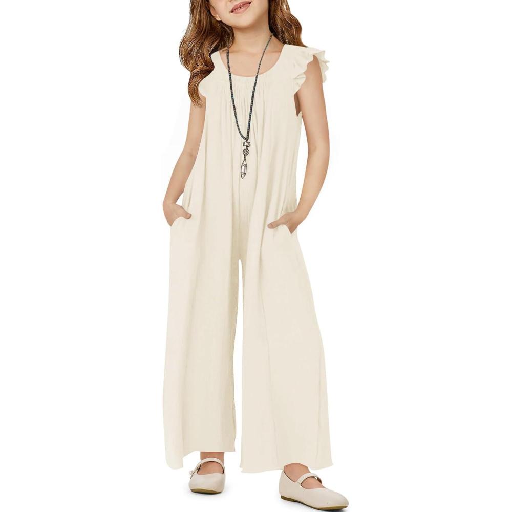 imageHaloumoning Girls Wide Leg Loose Jumpsuit Kids Casual Ruffle Sleeve Round Neck Romper with Pockets 514 YearsBeige