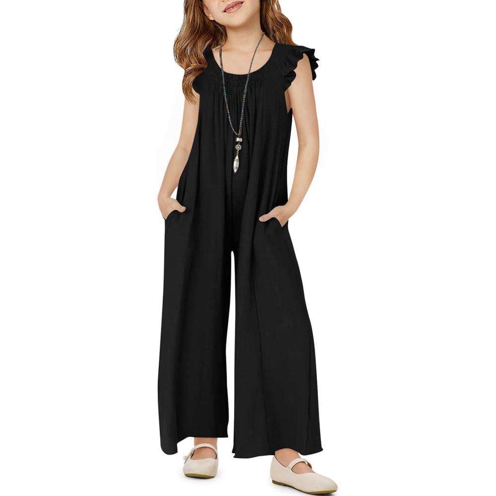 imageHaloumoning Girls Wide Leg Loose Jumpsuit Kids Casual Ruffle Sleeve Round Neck Romper with Pockets 514 YearsBlack
