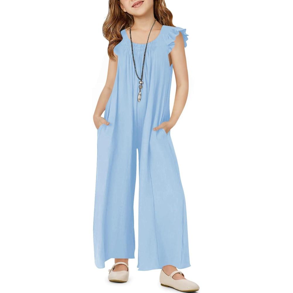 imageHaloumoning Girls Wide Leg Loose Jumpsuit Kids Casual Ruffle Sleeve Round Neck Romper with Pockets 514 YearsLight Blue