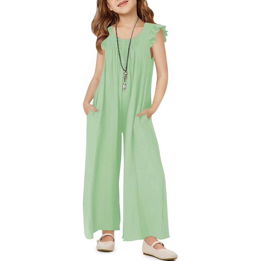 imageHaloumoning Girls Wide Leg Loose Jumpsuit Kids Casual Ruffle Sleeve Round Neck Romper with Pockets 514 YearsLight Green