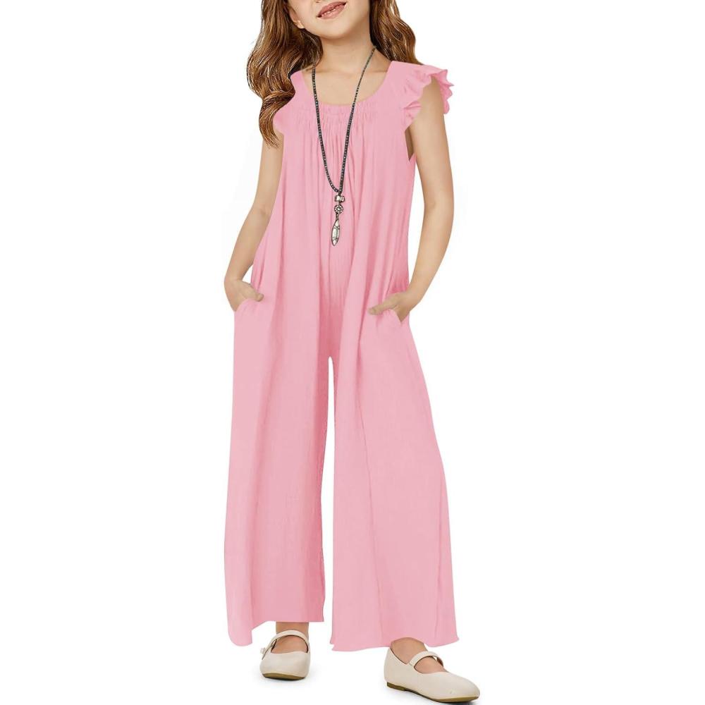 imageHaloumoning Girls Wide Leg Loose Jumpsuit Kids Casual Ruffle Sleeve Round Neck Romper with Pockets 514 YearsPink