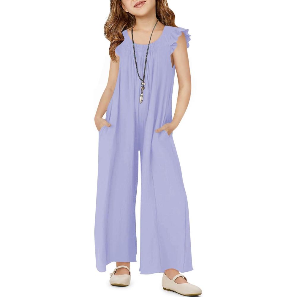 imageHaloumoning Girls Wide Leg Loose Jumpsuit Kids Casual Ruffle Sleeve Round Neck Romper with Pockets 514 YearsPurple