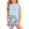 Haloumoning Girl’s 2 Piece Outfits Kids Tie Knot Tank Top and Paperbag Waist Pocketed Summer Short Sets 5-14 Years(Blue)