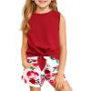 Haloumoning Girl’s 2 Piece Outfits Kids Tie Knot Tank Top and Paperbag Waist Pocketed Summer Short Sets 5-14 Years(Red)