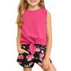 Haloumoning Girl’s 2 Piece Outfits Kids Tie Knot Tank Top and Paperbag Waist Pocketed Summer Short Sets 5-14 Years(Rose Red)