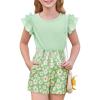Haloumoning Girls 2 Piece Summer Outfits Clothes Ruffle Short Sleeve Shirts and High Waist Paper Bag Shorts Sets with Pockets(Light Green)