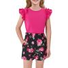 Haloumoning Girls 2 Piece Summer Outfits Clothes Ruffle Short Sleeve Shirts and High Waist Paper Bag Shorts Sets with Pockets(Rose Red)