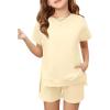 Haloumoning Girls 2 Piece Summer Outfits Kids Short Sleeve T-Shirts and Elastic Waist Shorts Clothing Sets(Beige)