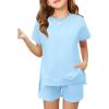 Haloumoning Girls 2 Piece Summer Outfits Kids Short Sleeve T-Shirts and Elastic Waist Shorts Clothing Sets(Blue)