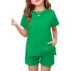 Haloumoning Girls 2 Piece Summer Outfits Kids Short Sleeve T-Shirts and Elastic Waist Shorts Clothing Sets(Green)