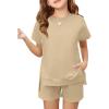 Haloumoning Girls 2 Piece Summer Outfits Kids Short Sleeve T-Shirts and Elastic Waist Shorts Clothing Sets(Khaki)