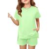 Haloumoning Girls 2 Piece Summer Outfits Kids Short Sleeve T-Shirts and Elastic Waist Shorts Clothing Sets(Light Green)