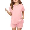 Haloumoning Girls 2 Piece Summer Outfits Kids Short Sleeve T-Shirts and Elastic Waist Shorts Clothing Sets(Light Pink)