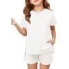 Haloumoning Girls 2 Piece Summer Outfits Kids Short Sleeve T-Shirts and Elastic Waist Shorts Clothing Sets(White)