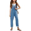 Haloumoning Girls’ Denim Overall Jumpsuits Sleeveless V Neck Adjustable Straps Jeans Pants Jumpers with Pockets(Light Blue)