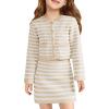Haloumoning Girls Fall 2 Piece Outfits Striped Button Down Cardigan and Skirt Sets with Pockets 5-14 Years(Beige)