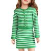 Haloumoning Girls Fall 2 Piece Outfits Striped Button Down Cardigan and Skirt Sets with Pockets 5-14 Years(Green)