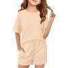 Haloumoning Girls Summer 2 Piece Outfits Kids Oversized T Shirts and Shorts Clothing Sets 5-14 Years(Beige)