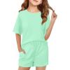 Haloumoning Girls Summer 2 Piece Outfits Kids Oversized T Shirts and Shorts Clothing Sets 5-14 Years(Green)