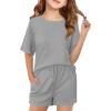 Haloumoning Girls Summer 2 Piece Outfits Kids Oversized T Shirts and Shorts Clothing Sets 5-14 Years(Grey)