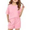 Haloumoning Girls Summer 2 Piece Outfits Kids Oversized T Shirts and Shorts Clothing Sets 5-14 Years(Pink)