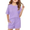 Haloumoning Girls Summer 2 Piece Outfits Kids Oversized T Shirts and Shorts Clothing Sets 5-14 Years(Purple)