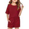 Haloumoning Girls Summer 2 Piece Outfits Kids Oversized T Shirts and Shorts Clothing Sets 5-14 Years(Red)