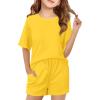 Haloumoning Girls Summer 2 Piece Outfits Kids Oversized T Shirts and Shorts Clothing Sets 5-14 Years(Yellow)
