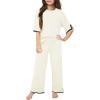 Haloumoning Girls Two Piece Outfits Kids Fashion Short Sleeve Sweater Tops and Wide Leg Pants Set 5-14 Years(Off-white)