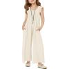 Haloumoning Girls Wide Leg Loose Jumpsuit Kids Casual Ruffle Sleeve Round Neck Romper with Pockets 5-14 Years(Beige)
