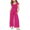 Haloumoning Girls Wide Leg Loose Jumpsuit Kids Casual Ruffle Sleeve Round Neck Romper with Pockets 5-14 Years(Hot Pink)