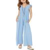 Haloumoning Girls Wide Leg Loose Jumpsuit Kids Casual Ruffle Sleeve Round Neck Romper with Pockets 5-14 Years(Light Blue)