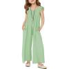 Haloumoning Girls Wide Leg Loose Jumpsuit Kids Casual Ruffle Sleeve Round Neck Romper with Pockets 5-14 Years(Light Green)