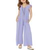 Haloumoning Girls Wide Leg Loose Jumpsuit Kids Casual Ruffle Sleeve Round Neck Romper with Pockets 5-14 Years(Purple)