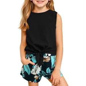Haloumoning Girl’s 2 Piece Outfits Kids Tie Knot Tank Top and Paperbag Waist Pocketed Summer Short Sets 5-14 Years(Black)
