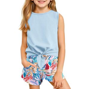 Haloumoning Girl’s 2 Piece Outfits Kids Tie Knot Tank Top and Paperbag Waist Pocketed Summer Short Sets 5-14 Years(Blue)