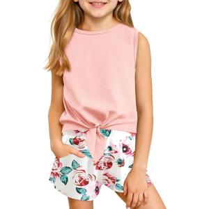 Haloumoning Girl’s 2 Piece Outfits Kids Tie Knot Tank Top and Paperbag Waist Pocketed Summer Short Sets 5-14 Years(Pink)