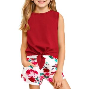 Haloumoning Girl’s 2 Piece Outfits Kids Tie Knot Tank Top and Paperbag Waist Pocketed Summer Short Sets 5-14 Years(Red)