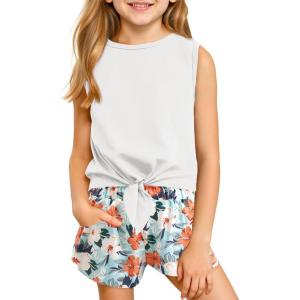 Haloumoning Girl’s 2 Piece Outfits Kids Tie Knot Tank Top and Paperbag Waist Pocketed Summer Short Sets 5-14 Years(White)