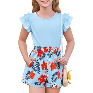 Haloumoning Girls 2 Piece Summer Outfits Clothes Ruffle Short Sleeve Shirts and High Waist Paper Bag Shorts Sets with Pockets(Blue)