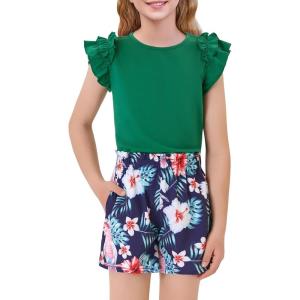 Haloumoning Girls 2 Piece Summer Outfits Clothes Ruffle Short Sleeve Shirts and High Waist Paper Bag Shorts Sets with Pockets(Green)